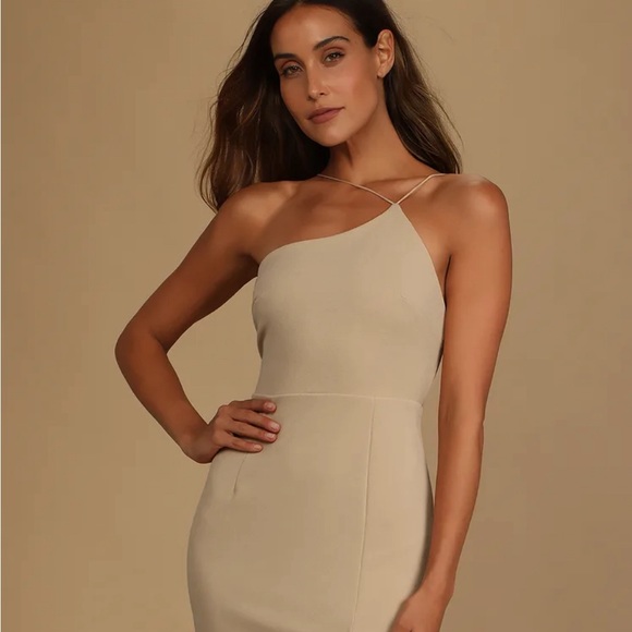 Lulus Dresses & Skirts - Happiest Hour Beige Asymmetrical Bodycon Midi Dress
